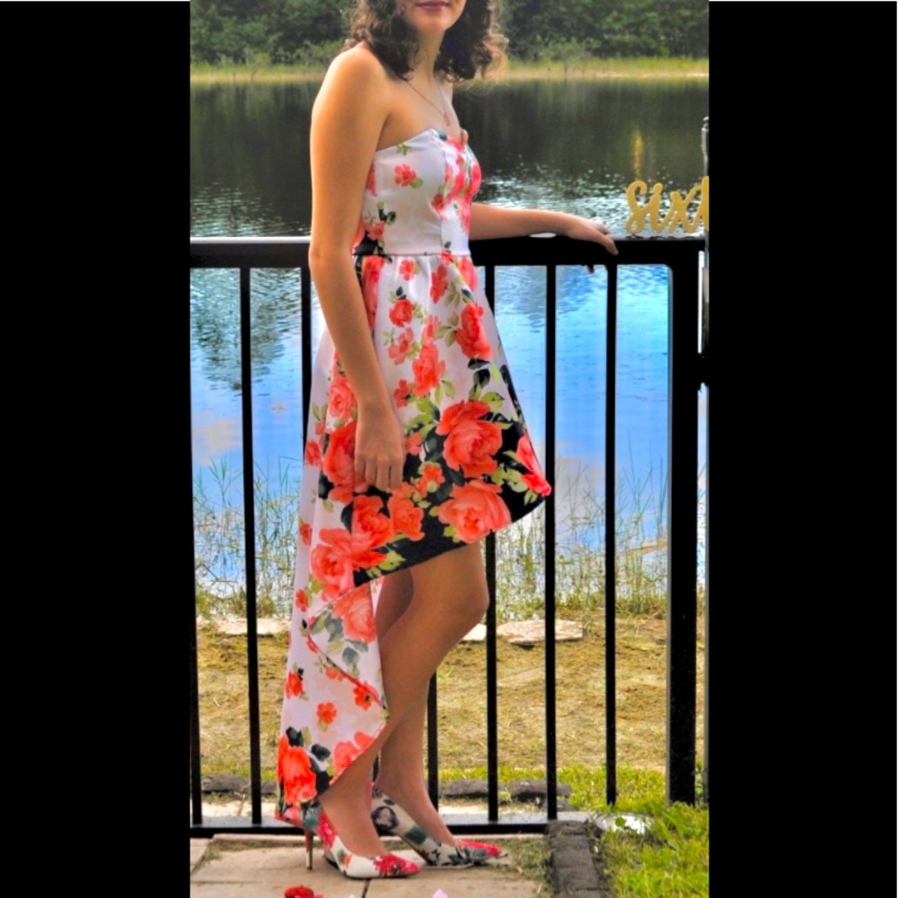 Crystal Doll strapless Sweetheart Floral Satin High/Low Formal Prom/Homecoming D